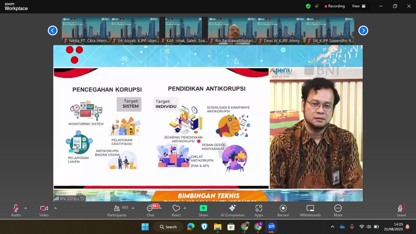 Perkuat Integritas, Komisi Pemberantasan Korupsi (KPK) Menjadi Narasumber pada Zoominar Bimbingan Teknis Dunia Usaha Antikorupsi yang Diselenggarakan oleh PT BNI (Persero) Tbk 